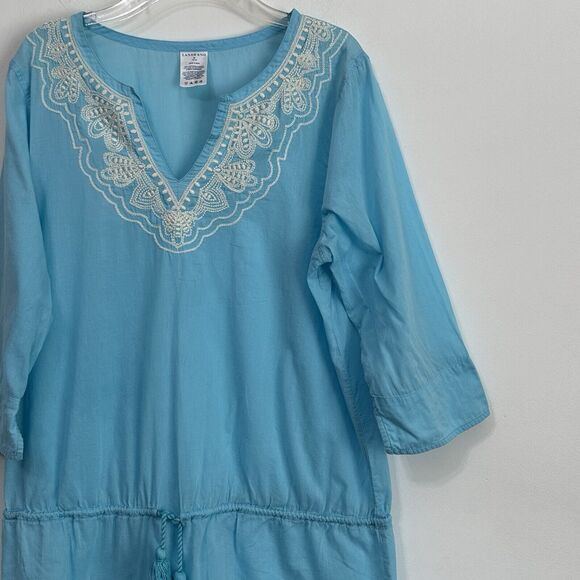 Lands End Swim Cover Up Tunic Aqua M Lightweight Embroidered Beachy Pool Boho - Picture 3 of 12